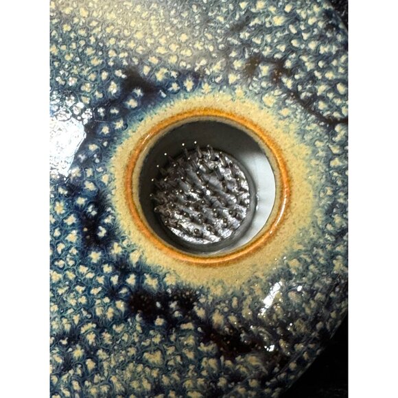 Ceramic Ikebana Vase With Blue Speckled Glaze & Built-In Needle Frog Signed - Picture 8 of 9